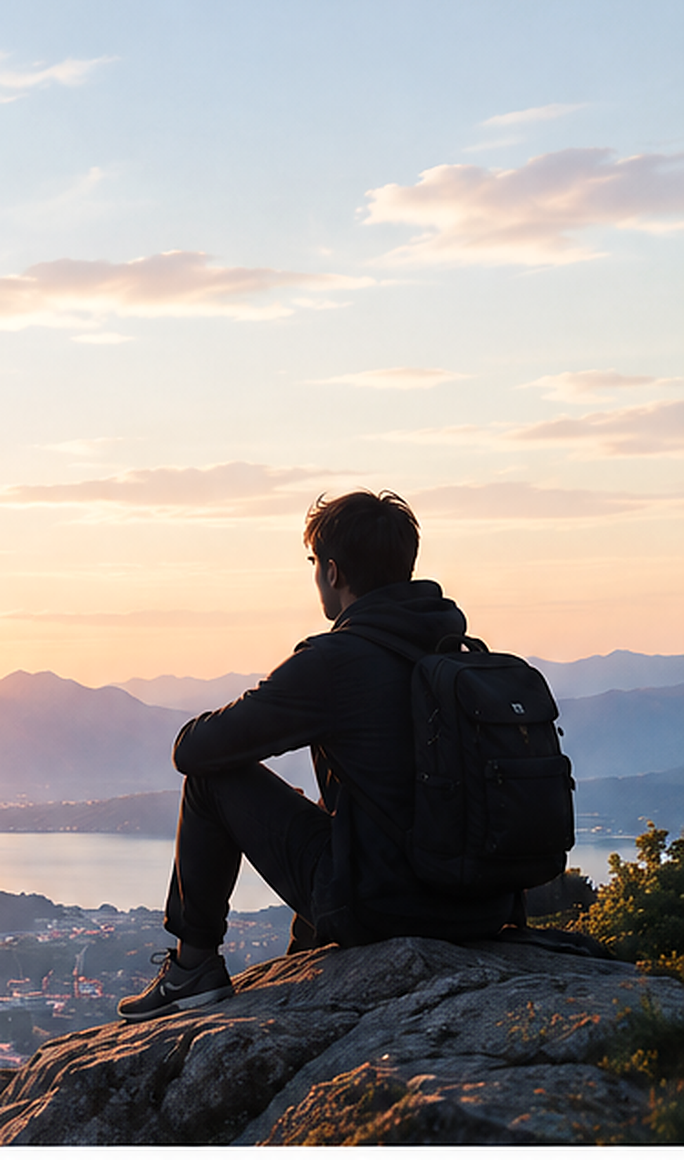 Une personne assise au sommet d'une montagne, face au lever du soleil sur un lac